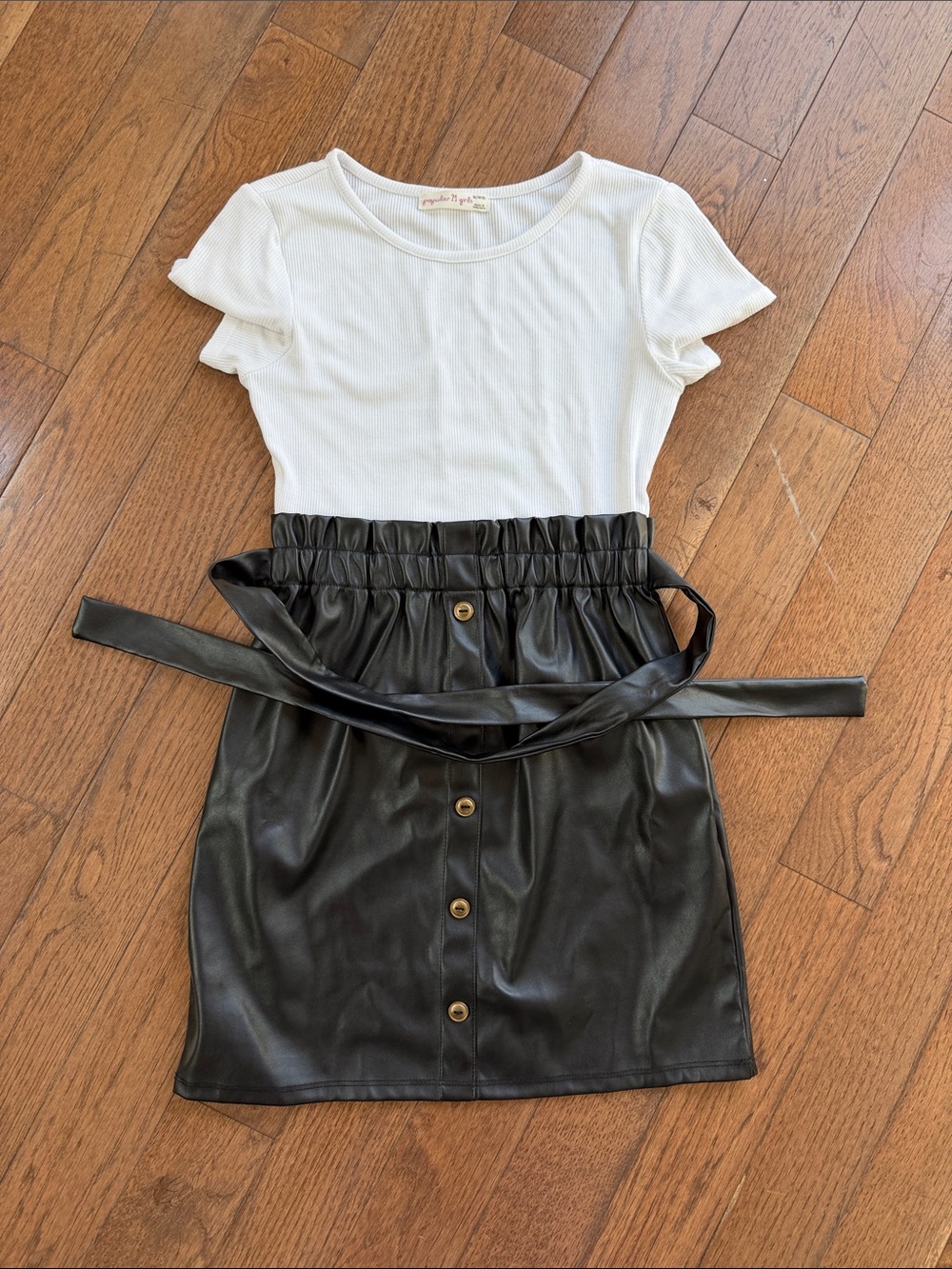Girls White Ribbed Top & Black Faux Leather Skirt Set